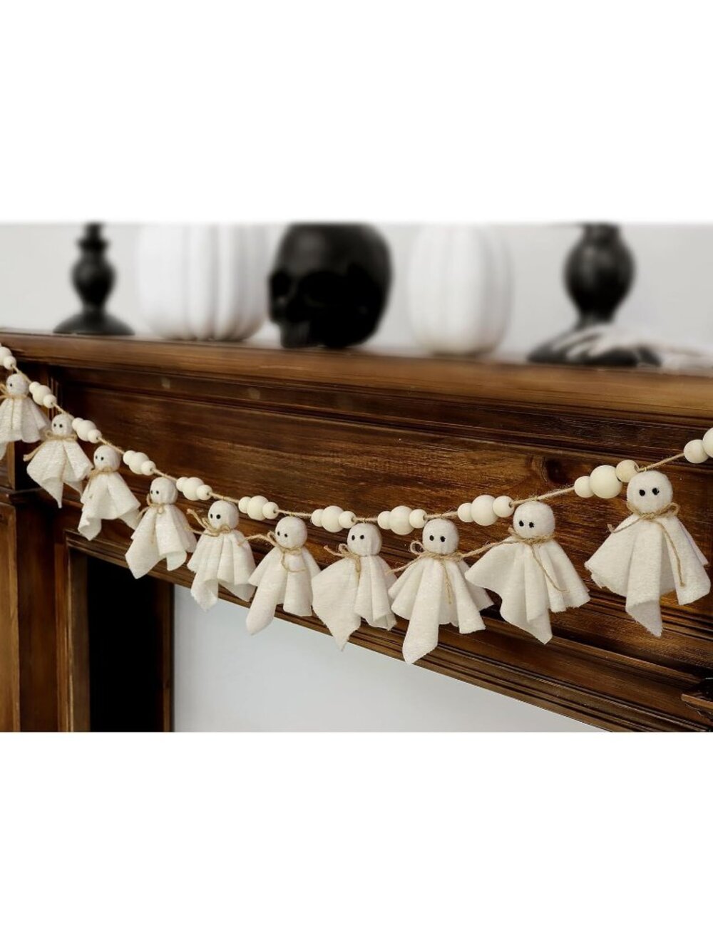 1pc White Ghost Halloween Garland with Wood Beads Party Banner Mantel Door Decor